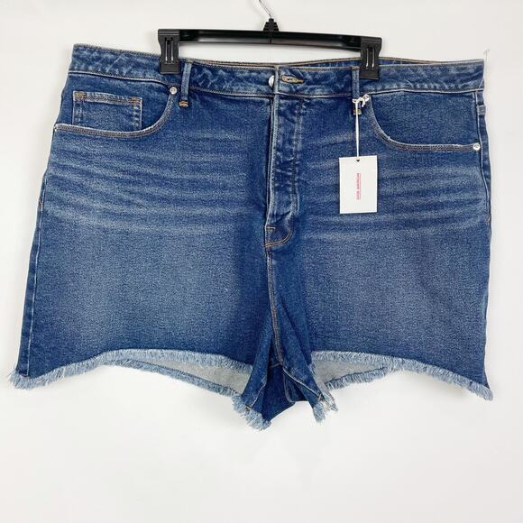 Good American Bombshell Denim Shorts Size 24 Plus Blue High Waisted Distressed - Picture 1 of 5